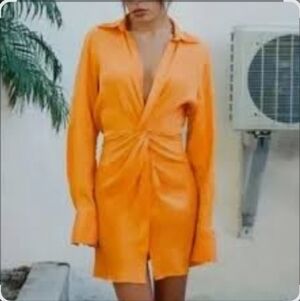 Zara Orange Satin Effect Lapel Collar Mini Dress. Size Eur M Usa M Mex 28